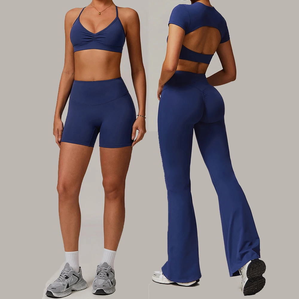 

Women Sportswear 2 PCS Yoga Set Workout Clothes Athletic Wear Gym Flared Pant Fitness Bra Crop Top Long Sleeve Sports Yoga Suits