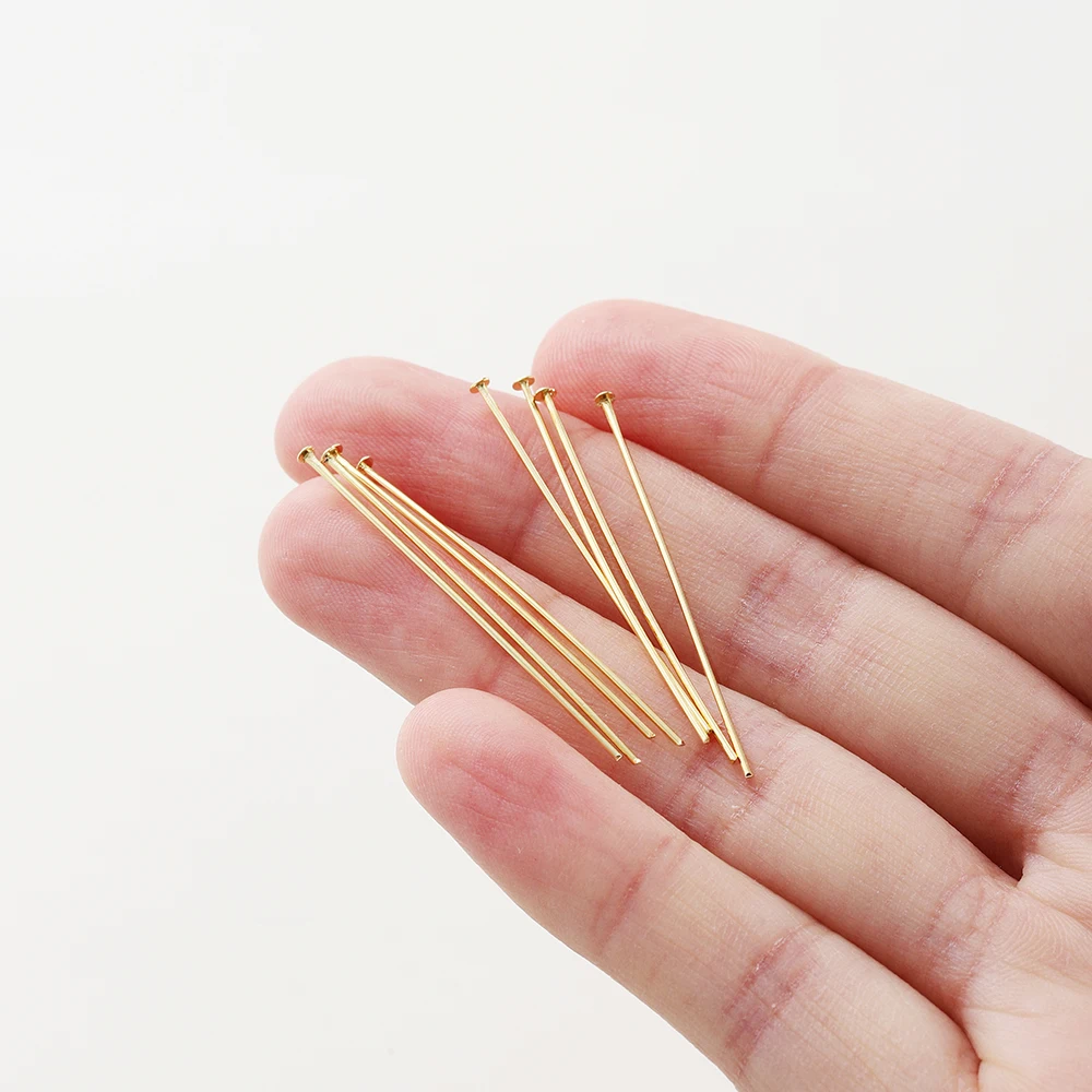 100Pcs 16-50mm 14/18K Real Gold Brass Eye Flat Head Pins Needle Ball Head Pins Pendant Connectors For Jewelry Making Findings