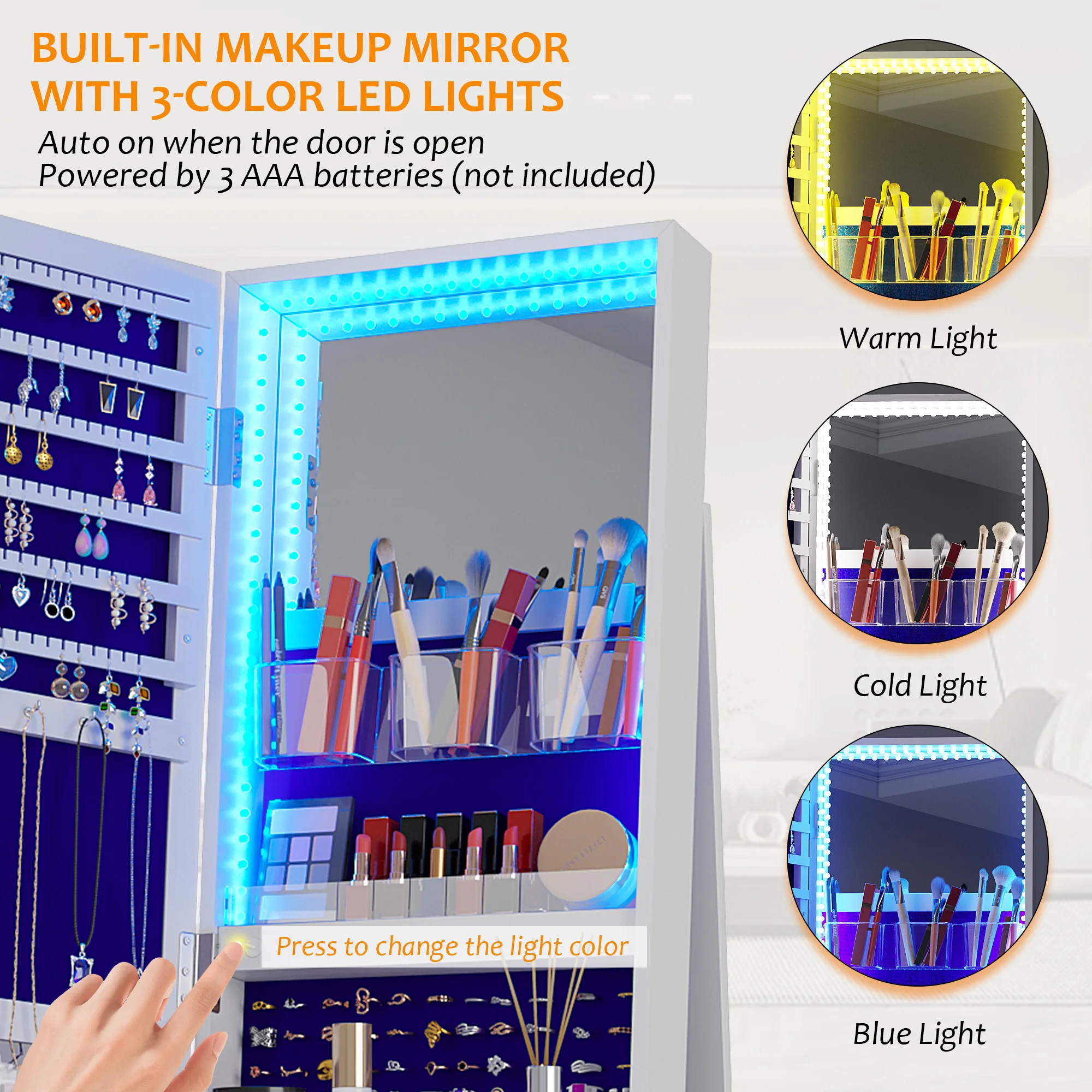 JDPAG مرآة كاملة الطول مع مساحة تخزين للمجوهرات، 360 درجة ° خزانة مجوهرات دوارة قائمة مع أضواء منظم خزانة مجوهرات قابل للقفل