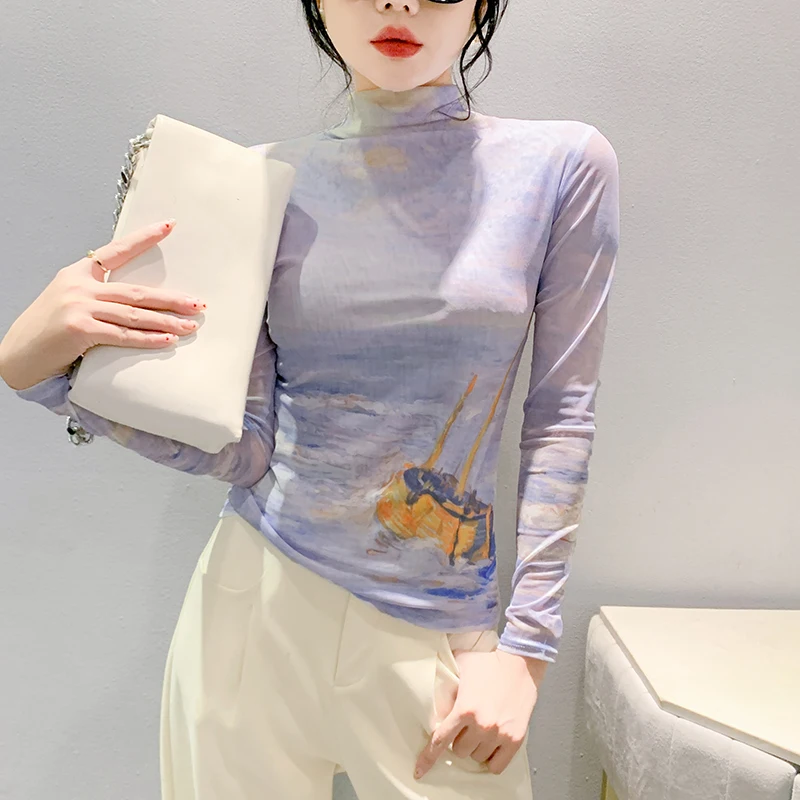 Faionable Ombre Me Base irt Alta Elástica Longa Sve Camiseta Feminina Apertada Desgaste Interno Commute Sle Versão Coreana Nylo...