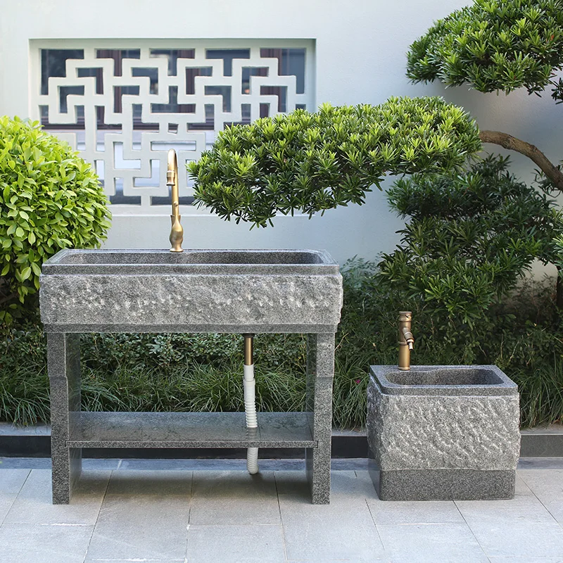 Outdoor stone laundry pool with rubbing board Household balcony Marble sink Integrated outdoor stone washbasin