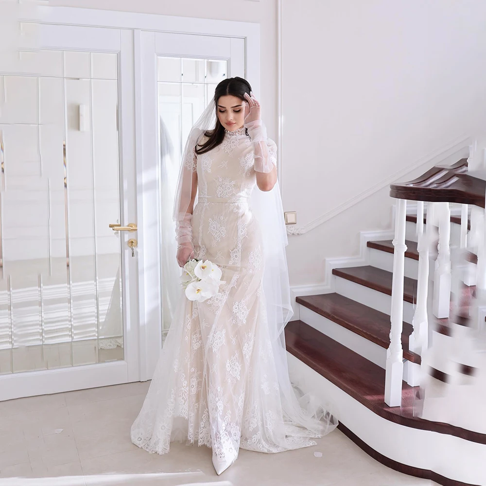 

Lace Wedding Dress High Neck Short Sleeves Mermaid for Women Bridal Gowns Unique Bride Dresses Customized vestidos de novia