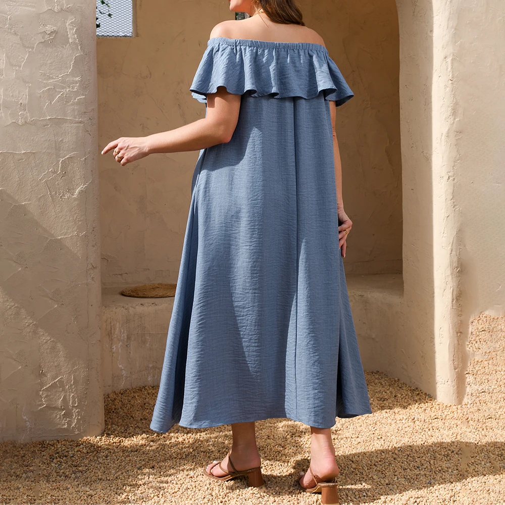 حجم كبير المرأة الصلبة كشكش مائل الرقبة الباردة الكتف كم فستان ماكسي الصيف عادية فضفاض شاطئ عطلة فستان الشمس حجم 0XL-4XL #4