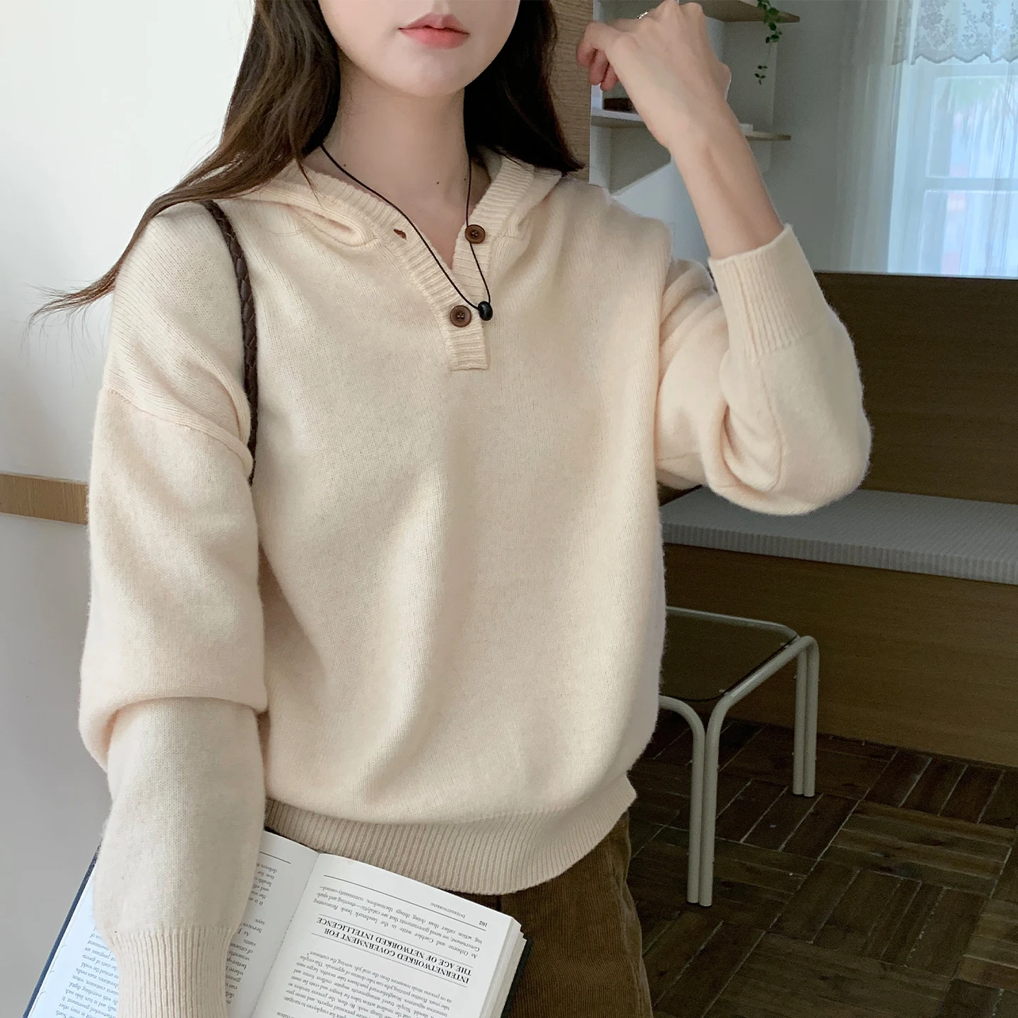 Women 100% Merino Wool Hooded Sweater Henley Notch Collar Two Button Placket Gentle Creamy Daily Matching Fall Winter Collection