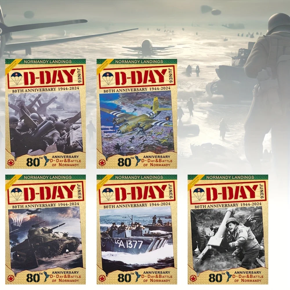5개입 D-Day 80주년 기념 1944-2024 노르망디 상륙작전 금박 기념 카드 세트 2차 세계대전 수집품