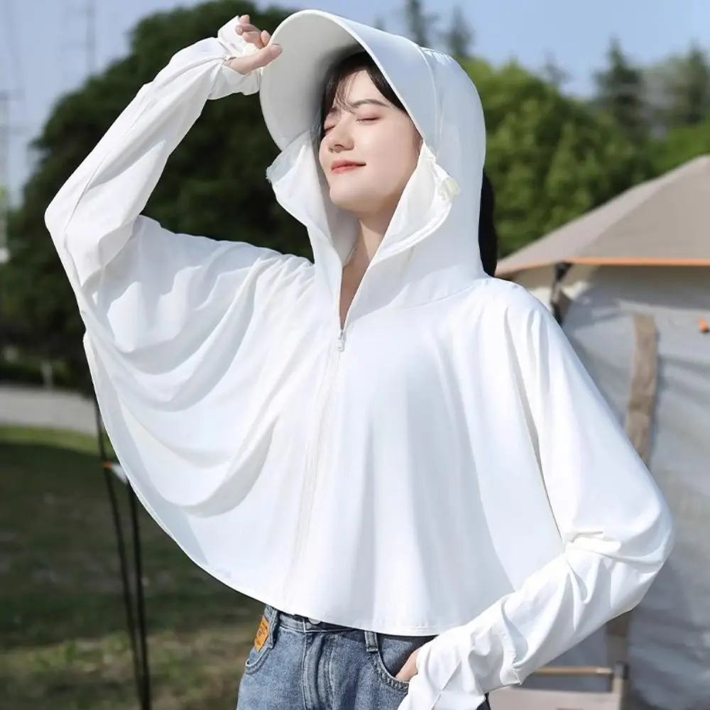 

Solid Color Sunscreen Hoodie Large Brim Hat Thin Sun Protection Clothing Arm Sleeves Crop Top Summer Sunscreen Shawl Riding