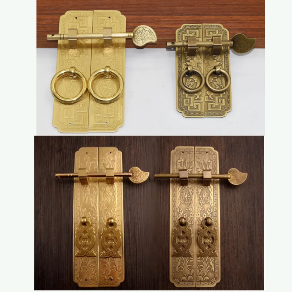 1 Set Pure Copper Antique Door Handles Kit Retro Chinese Style Gate Pulls Furniture