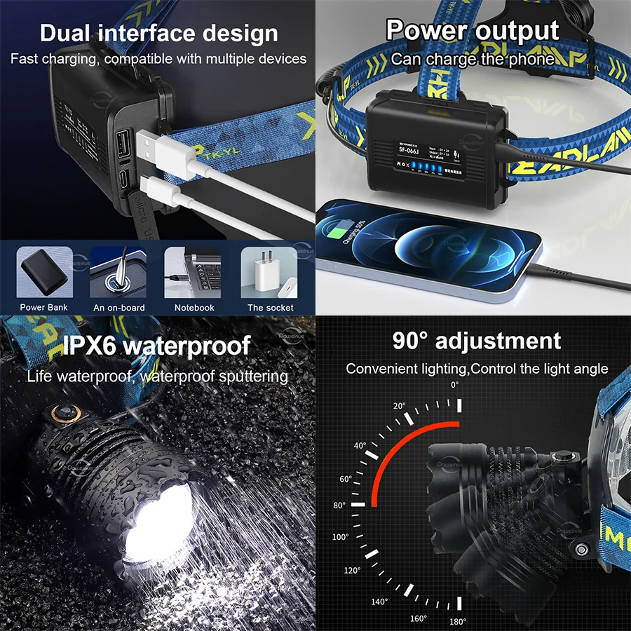 2000W Most Powerful LED Headlamp Super Bright Waterproof Head Flashlight Long Range 6000M Tactical Head Torch Fishing Headlight