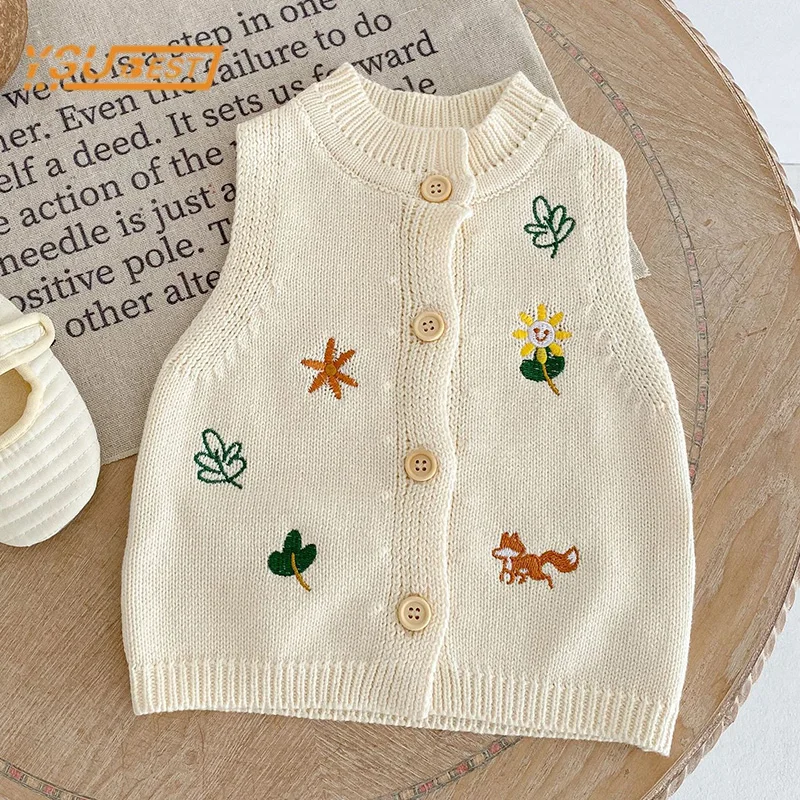 

0-3Yrs Autumn Baby Girls Sleeveless Sweet Embroidery Vest New Infant Kids Baby Girls Knitted Sweaters Cardigan Coat