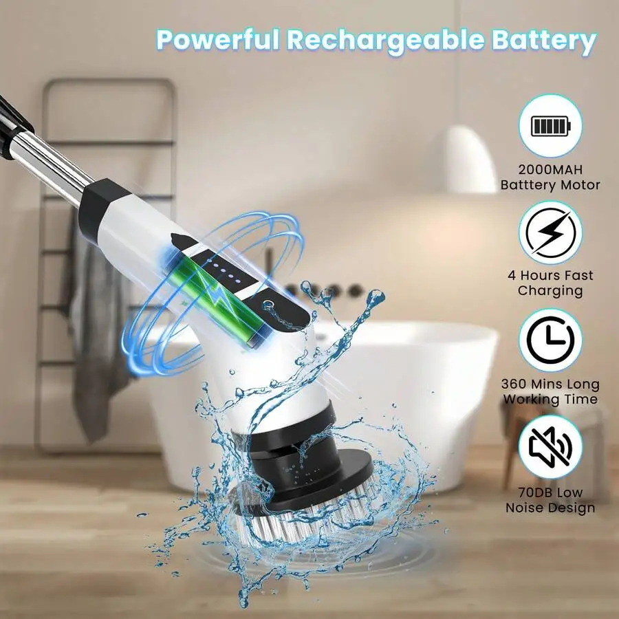 

Cordless Electric Rotary Scrubber With 9 Brush Heads, Dual Speed, 2000mAh Battery For Bathroom Floor Tile Cleaning