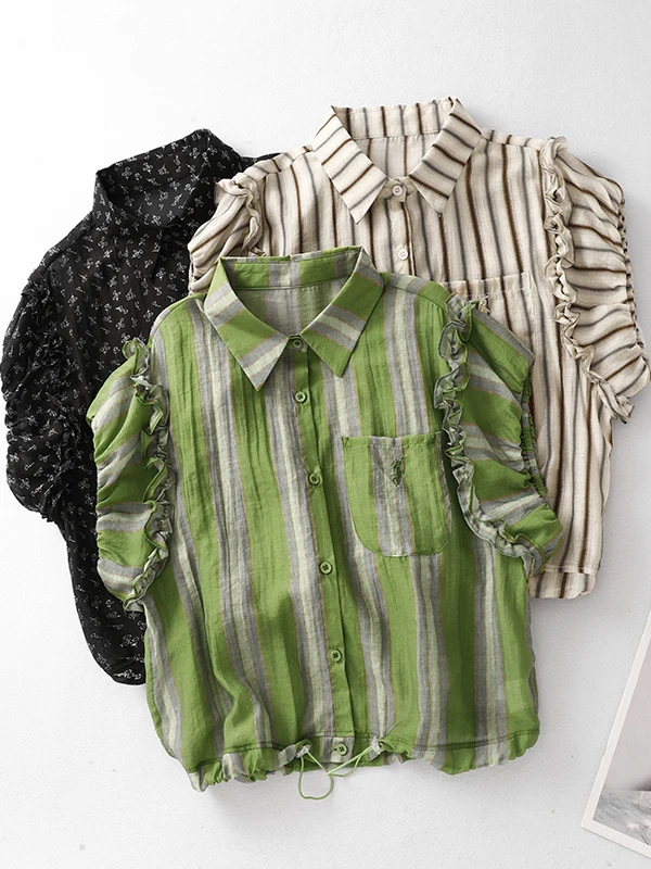 

Summer Thin Loose Casual Stripe Shirt Women's Short Sleeve Top Gored Patcheddesign Commutestyle Vintageflavor