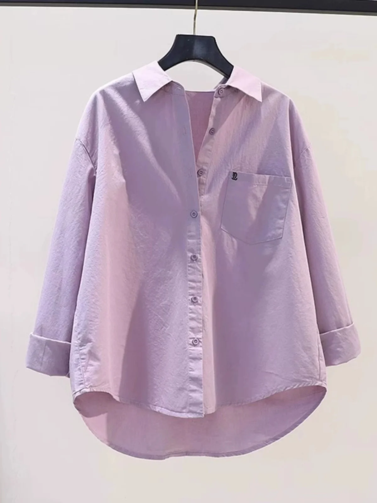 

Loose Long Sve Women's Cotton irt Purple Embroidery Brand Button up Artistic Sle Spring Autumn Versatile Top
