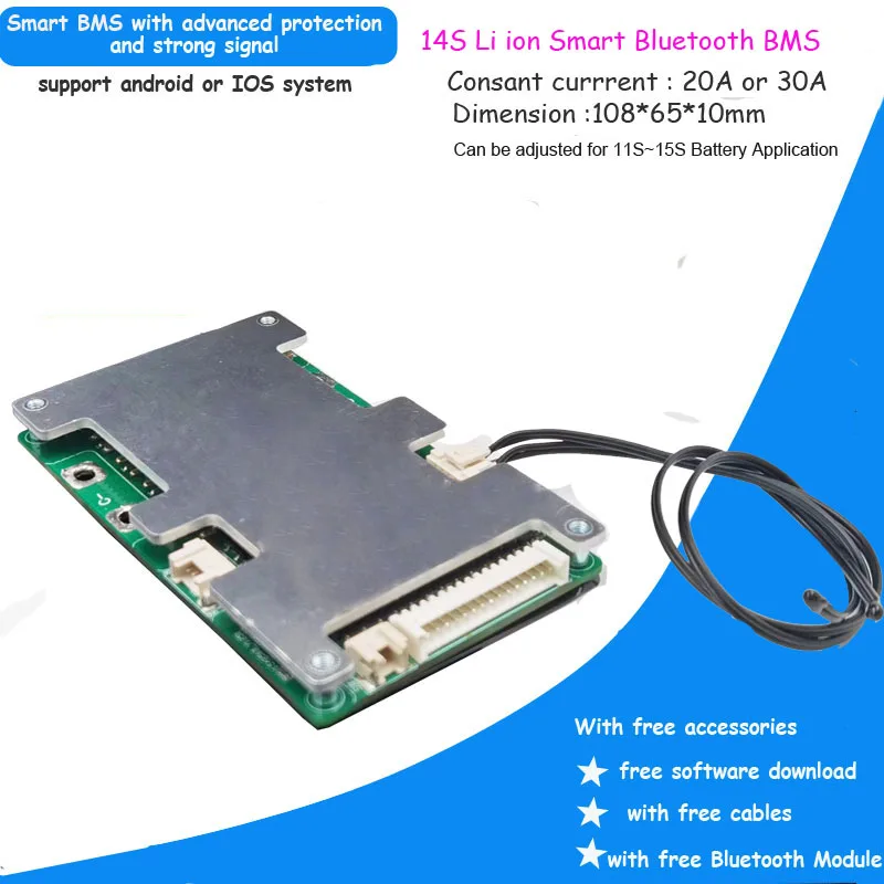 Batería de iones de litio de 14S, 58,8 V, software inteligente BMS con bluetooth, corriente constante de 20 a 60A para patinete eléctrico, batería