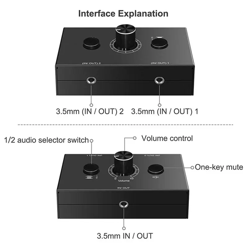 X64A-5X 3.5Mm Audio Switcher, 2 Input 1 Output/1 Input 2 Output Audio Splitter Switcher, One-Key Mute Button