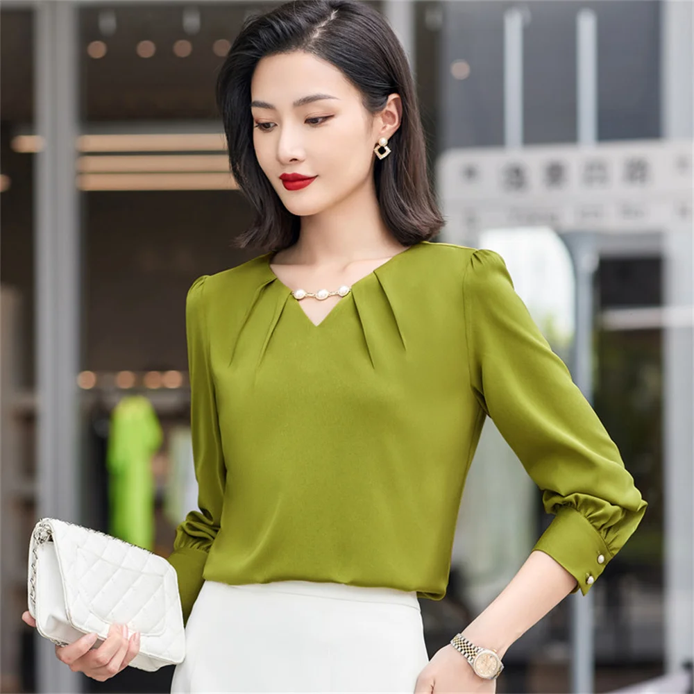 

Women Chiffon V Neck Shirt 2023 New in Blue White Green Female Long Sleeve Top Bottoming Fashion Office Lady Work Formal Blouses