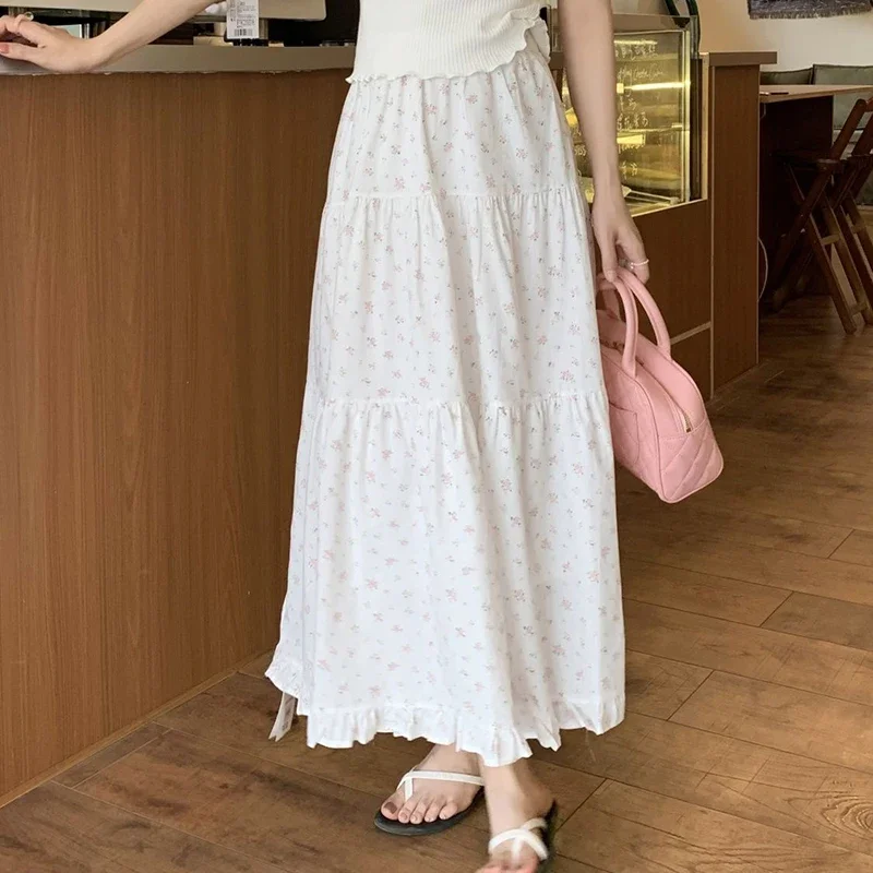 Rimocy 2025 Chic Floral Print White Long Skirts Women Summer Beach Ruffles Pleated Skirts Woman Korean Elastic Waist Midi Skirt