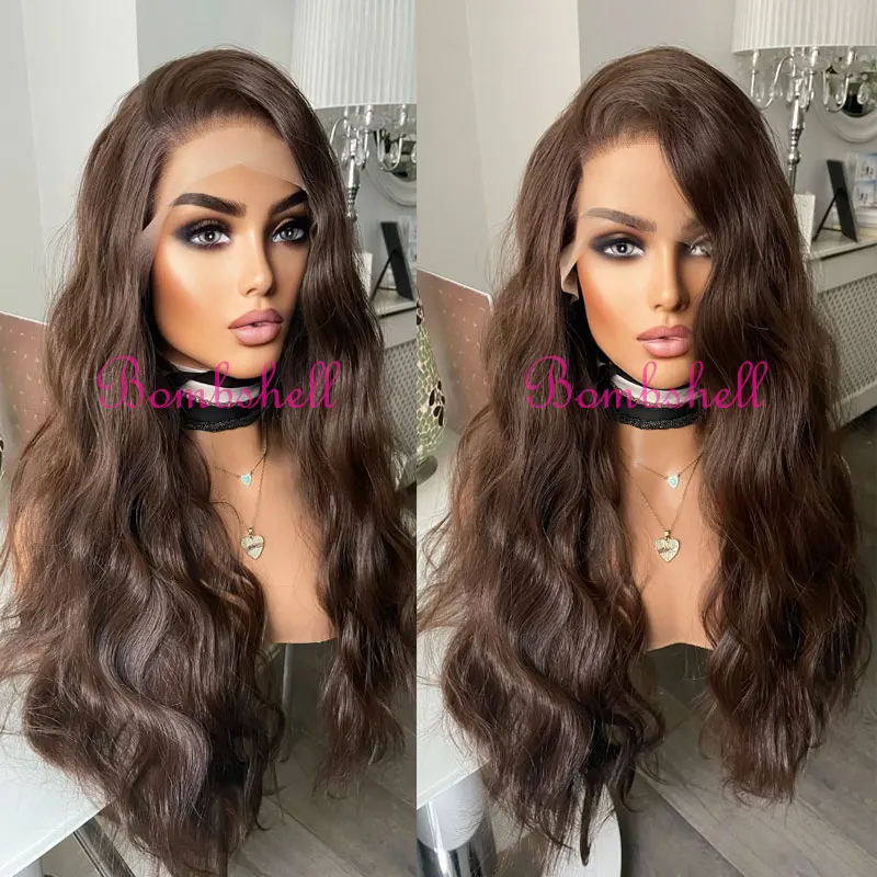 Donkerbruin Water Wave Haar Synthetische 13x4 Lace Front Pruiken Lijmloze Hoge Kwaliteit Hittebestendige Vezel Haar Gratis Scheiding voor Vrouwen