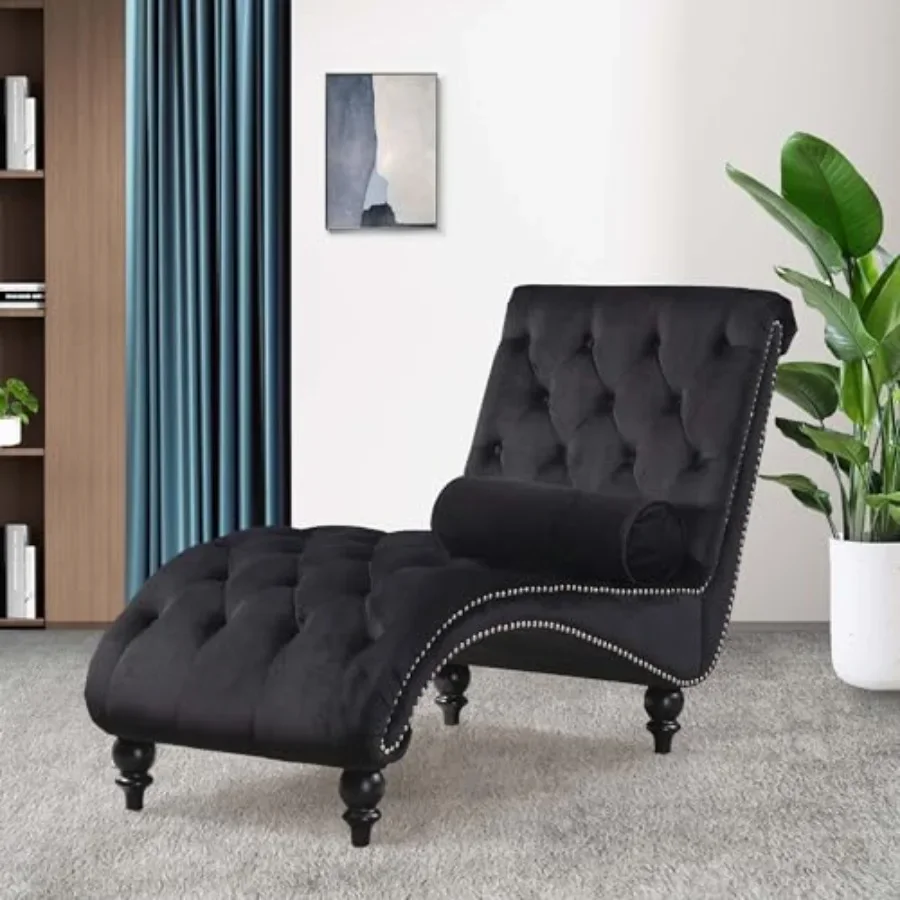 Chaise Lounge Indoor, Velvet Upholste Lounge Chair Button-Tufted Armless Chair with Pillow, for Bedroom Living Room Office Mode