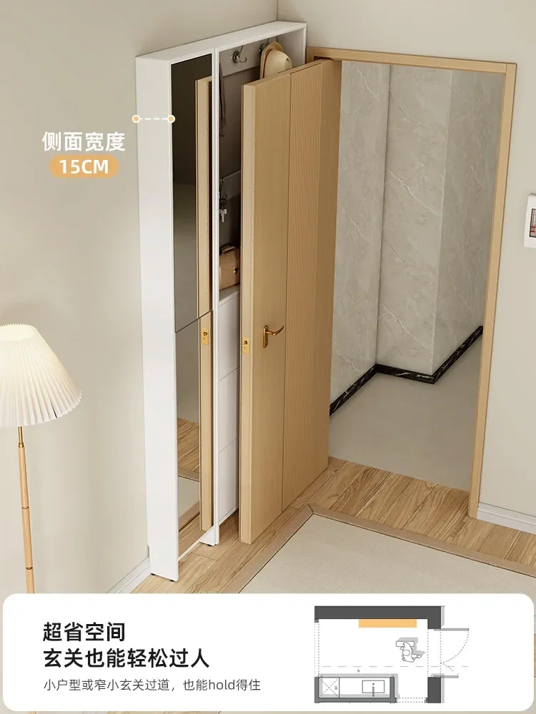 Ultra-thin shoe cabinet, full-length mirror integrated hanger, coat hook against the wall, small apartment entrance door cabinet