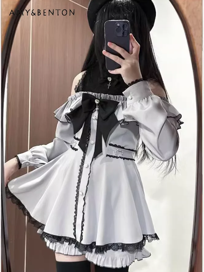 Japanese Mine Mass-produced Off-the-shoulder Lace Splicing Long-sleeved Dress Shorts Two-piece Set Sweet Princess Lolita Set