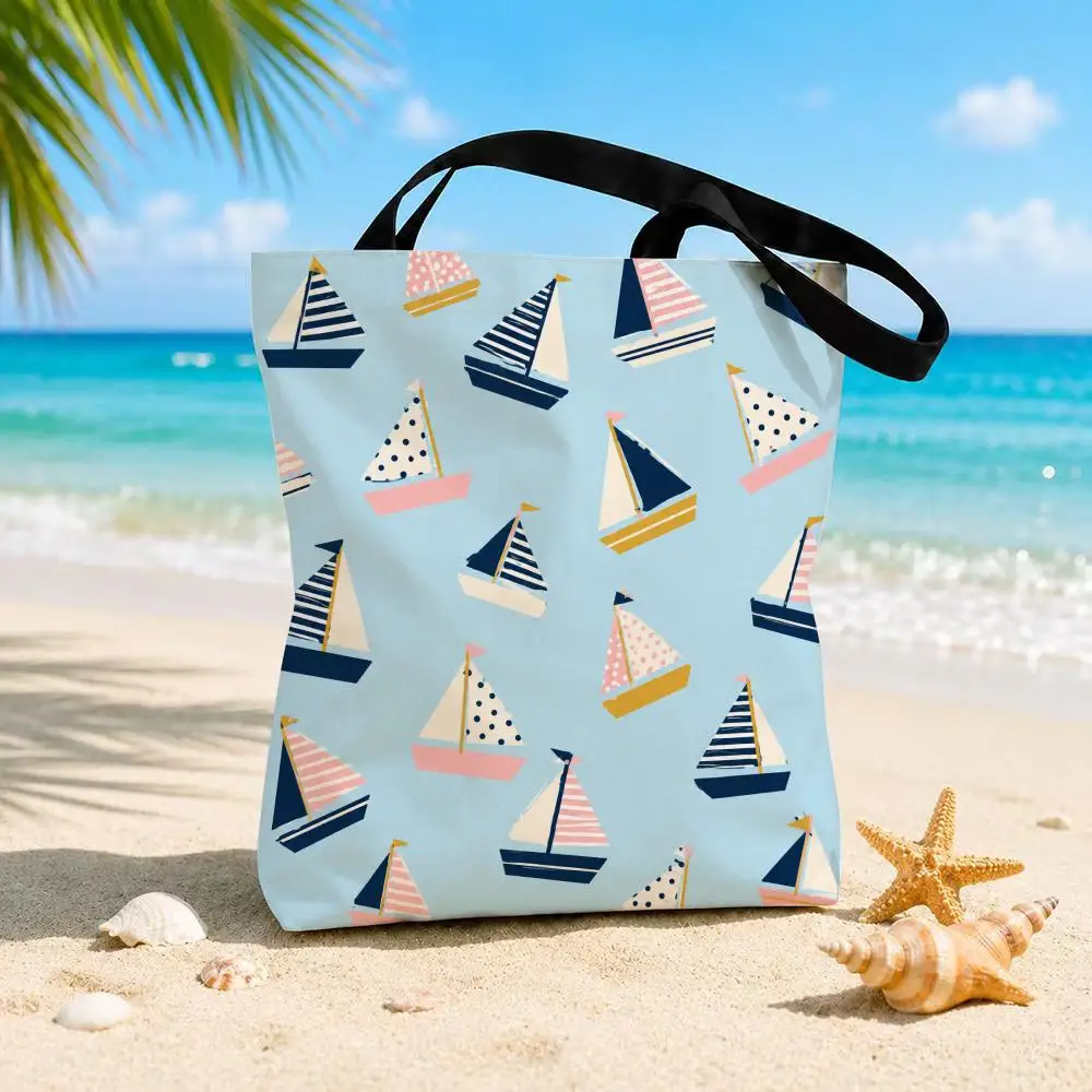 Drifting Small Boat Storage Bags Beach Canvas Shoulder Tote Bag Double-Sided Print Fashion Handbag for Travel Picnic