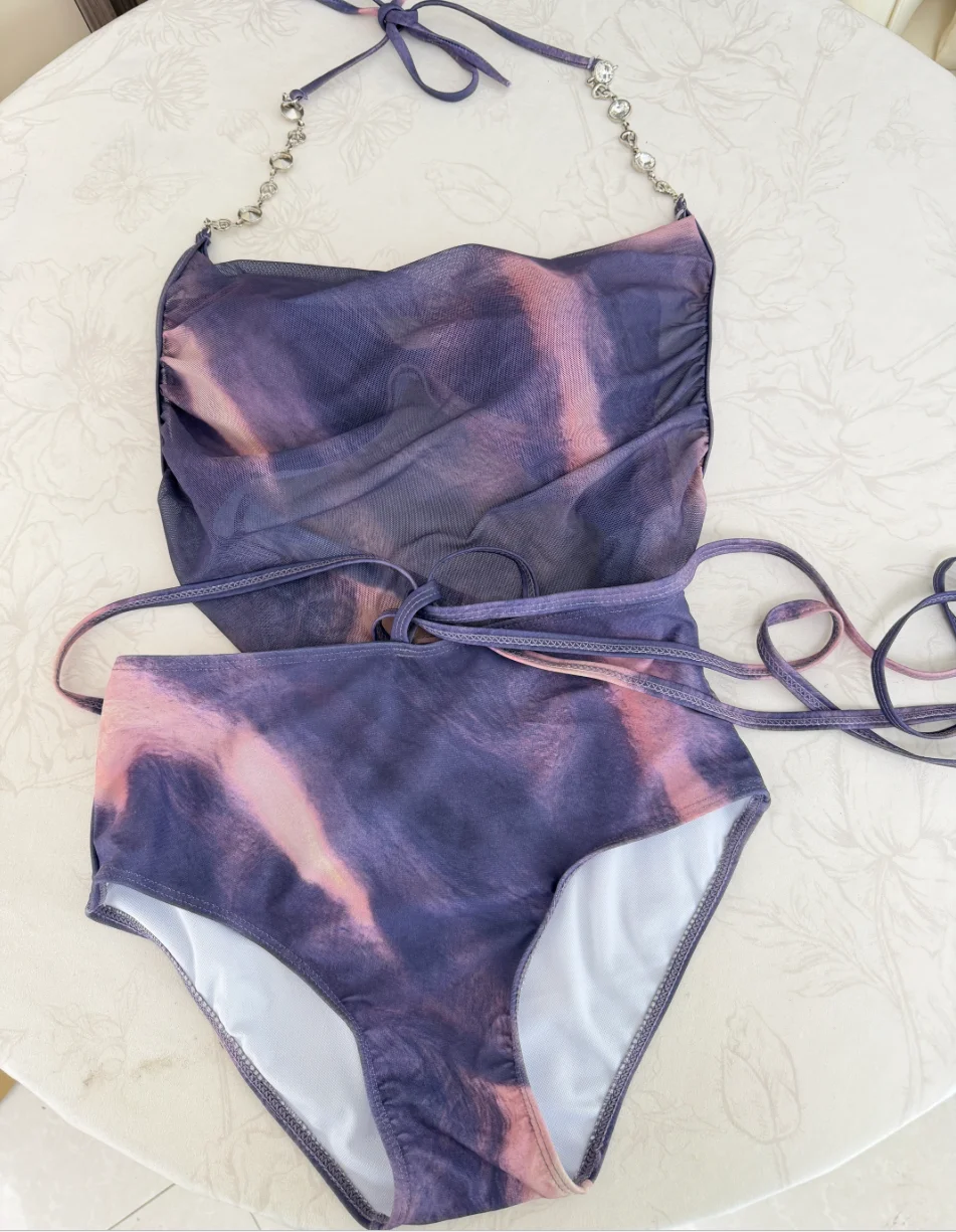 Women Stylish Bikini Three Piece Swimwear Small Chest Gathered Steel Support Long Dress Summer Vacation Beach Outfit