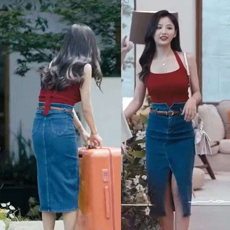 

EXJR High Waist Button Detail Denim Skirt Asymmetrical Slit Women's Mid-Length A-Line Skirt Pure Color Summer