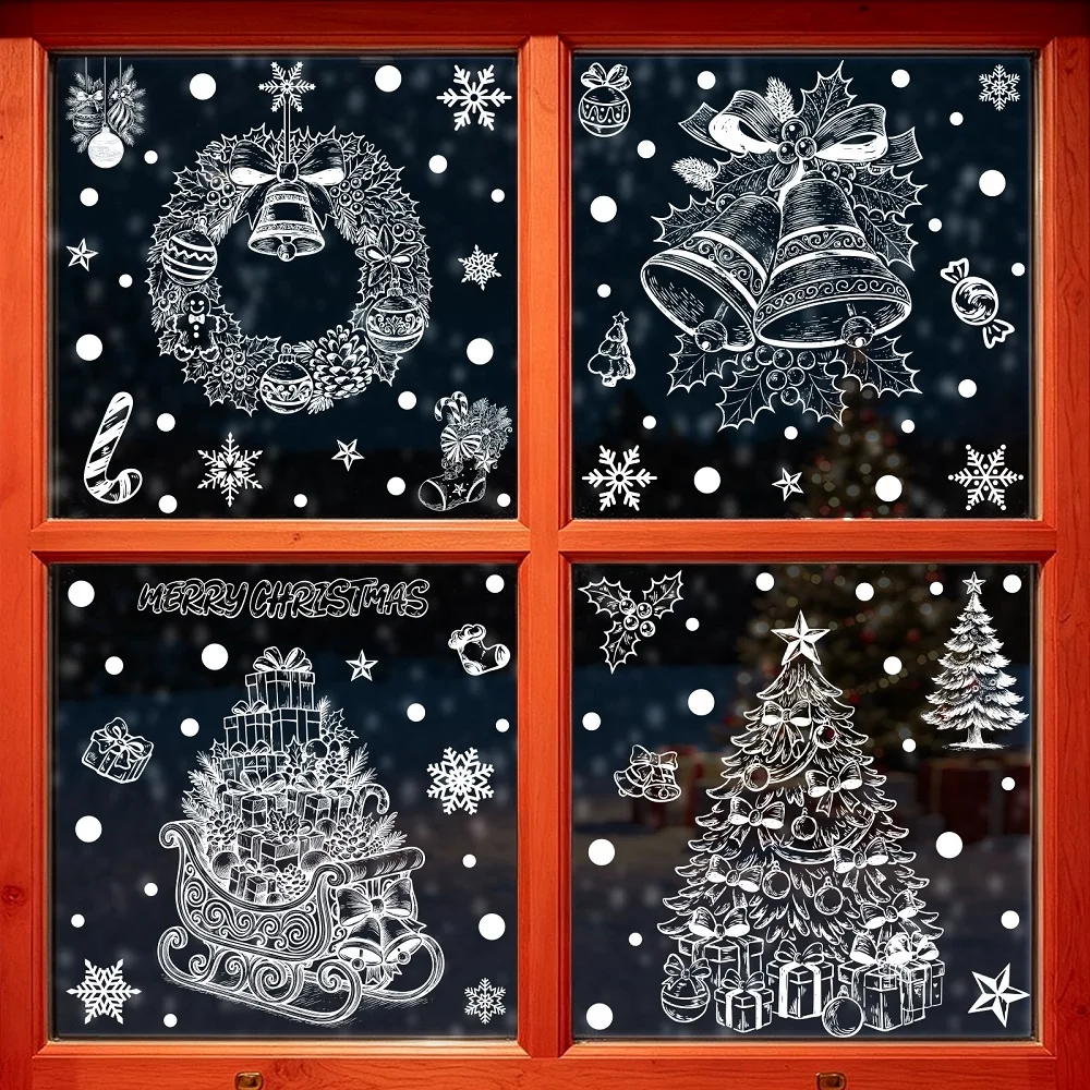 Autocollants statiques de Noël pour fenêtre, guirlande de sapin blanc, décorations de Noël pour la maison, les centres commerciaux et les vitrines
