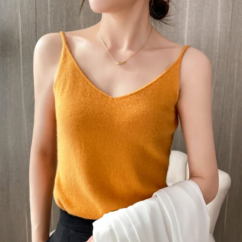 2024 New V-neck Cashmere Sling Wool Camisole Solid Color Base Wool Vest Sexy Knitted Sweater Underwear Women