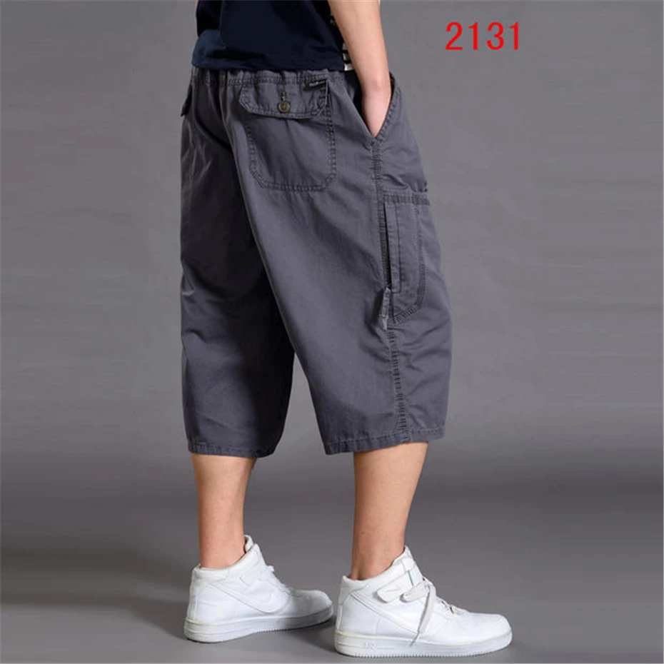 Summer Calf-length Pants Men Solid Color Baggy Pants Fashion Casual Elastic Waist Short Pants Male