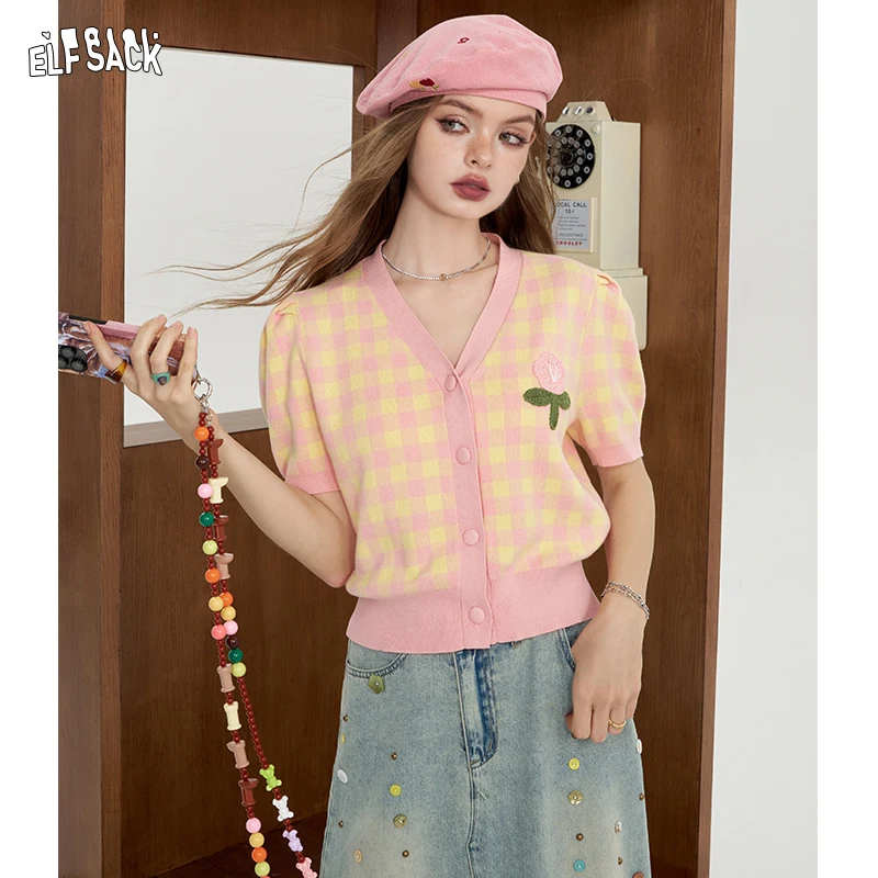 2024 Summer ELFSACK New Arrivals Plaid knitted sweater for women, slim fit short sleeved cardigan