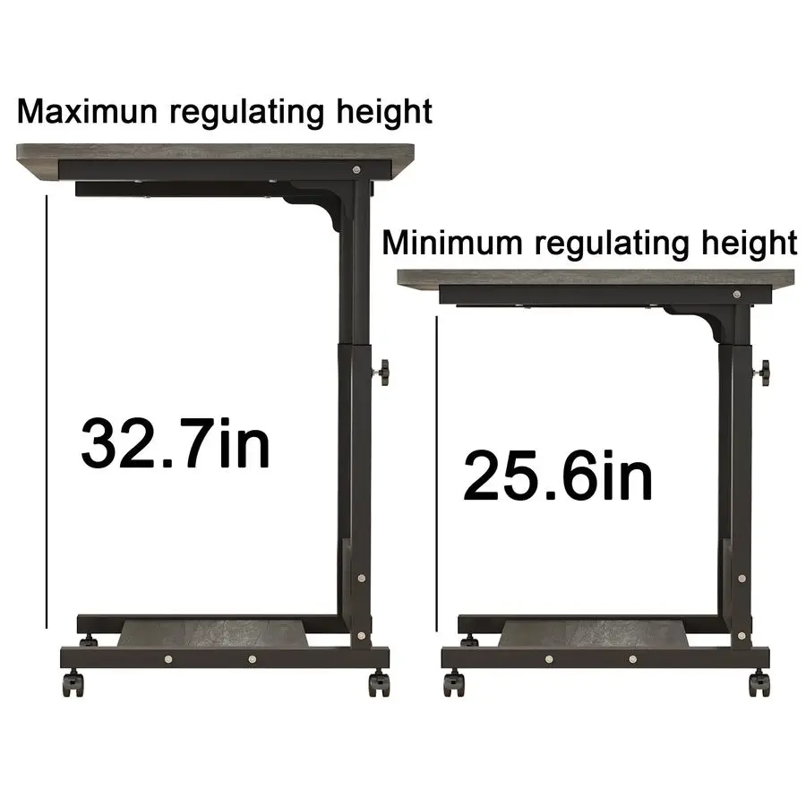 Adjustable Height C Table Sofa Side Bedside Table with Wheels, Hospital Bed Table Rolling Tray with Storage, Mobile Computer De