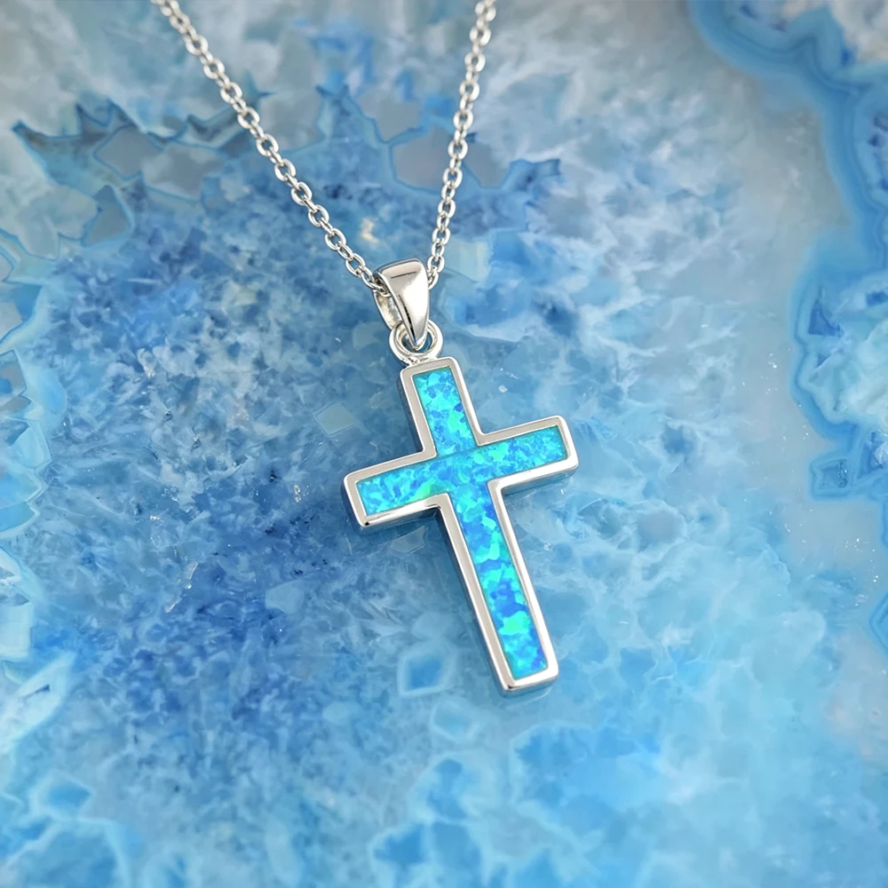 HIPEE UV Printing Blue Opal Color Cross Necklace Stainless Steel Christian Religious Faith Jewelry Baptism Birthday Gift