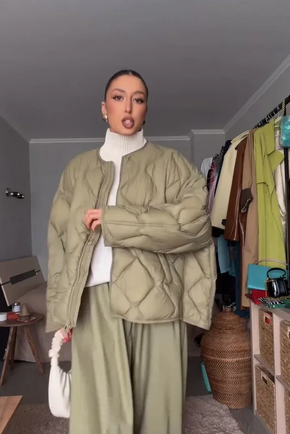 Solid Lightweight Quilted Warm Puffer Jacket Women Chic Crew Neck Zip Up Loose Cotton Padded Coat Winter Lady Daily Outfit 2026