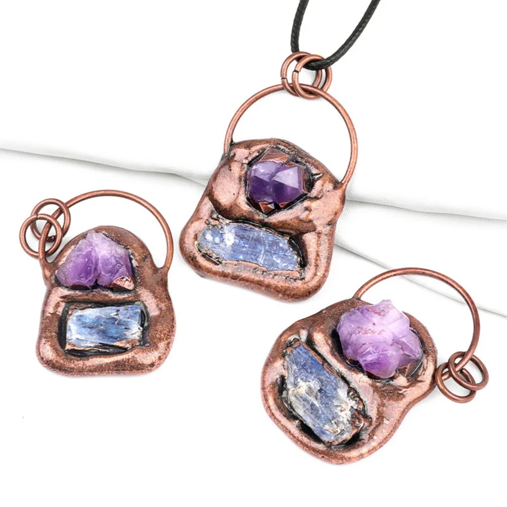 Natural Stone Retro Irregular Amethyst Crystal Pendant Jewelry Antique Copper Soldered Bronze Lock Charms for Men Women Necklace