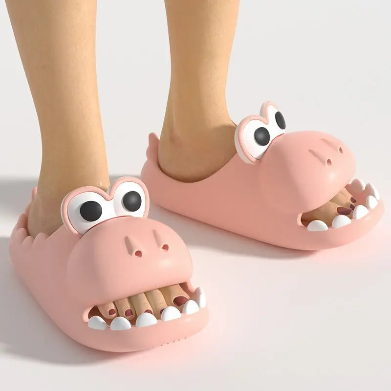 2024 New Outdoor Dinosaur Women's Summer Cartoon Cute Home Indoor Thick Bottom Non-Slip Slip Slip-on Slippers Ins