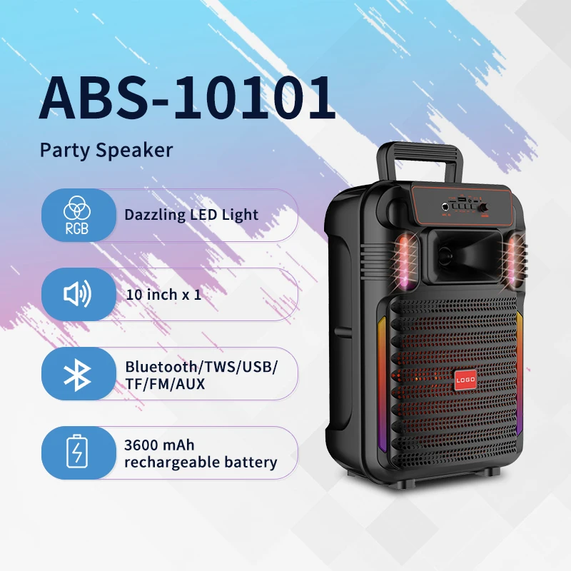 

ABS-10101 10Inch Party Speaker Bluetooth 5.0 3600mAh Battery TWS Sync RGB Lights for Karaoke/Outdoor/Gaming
