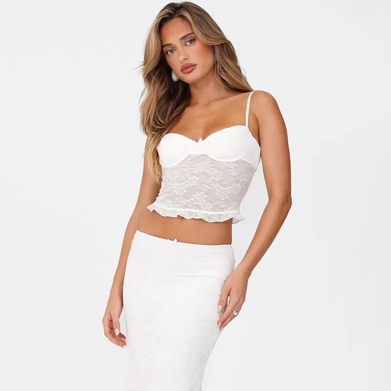 

New Lace Sexy Two Piece Sets Women Spaghetti Strap Sleeveless Crop Tops and Long Skirt Matching Sets Elegant Club Sets