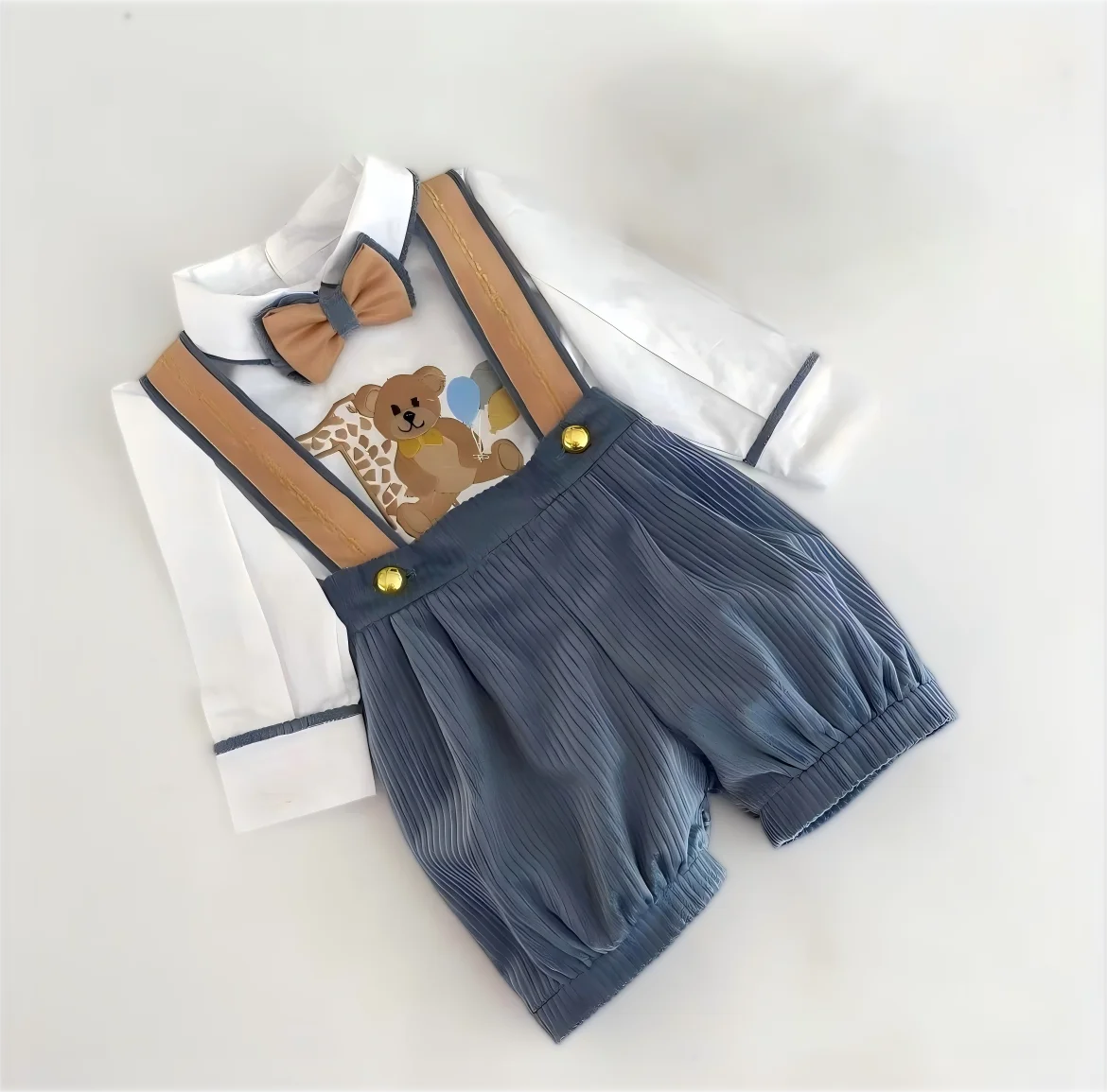 0-6Y Bay Boy Autumn Blue Corduroy Bear Embroidery Outfit Suit for Birthday Photography  C184