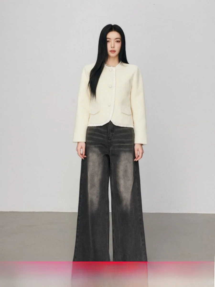 

Chill Zoe Women's Wide Leg Jeans Fringed Hem l Waist Long Pants Autumn Season Regular Thin Pure Color New 2023