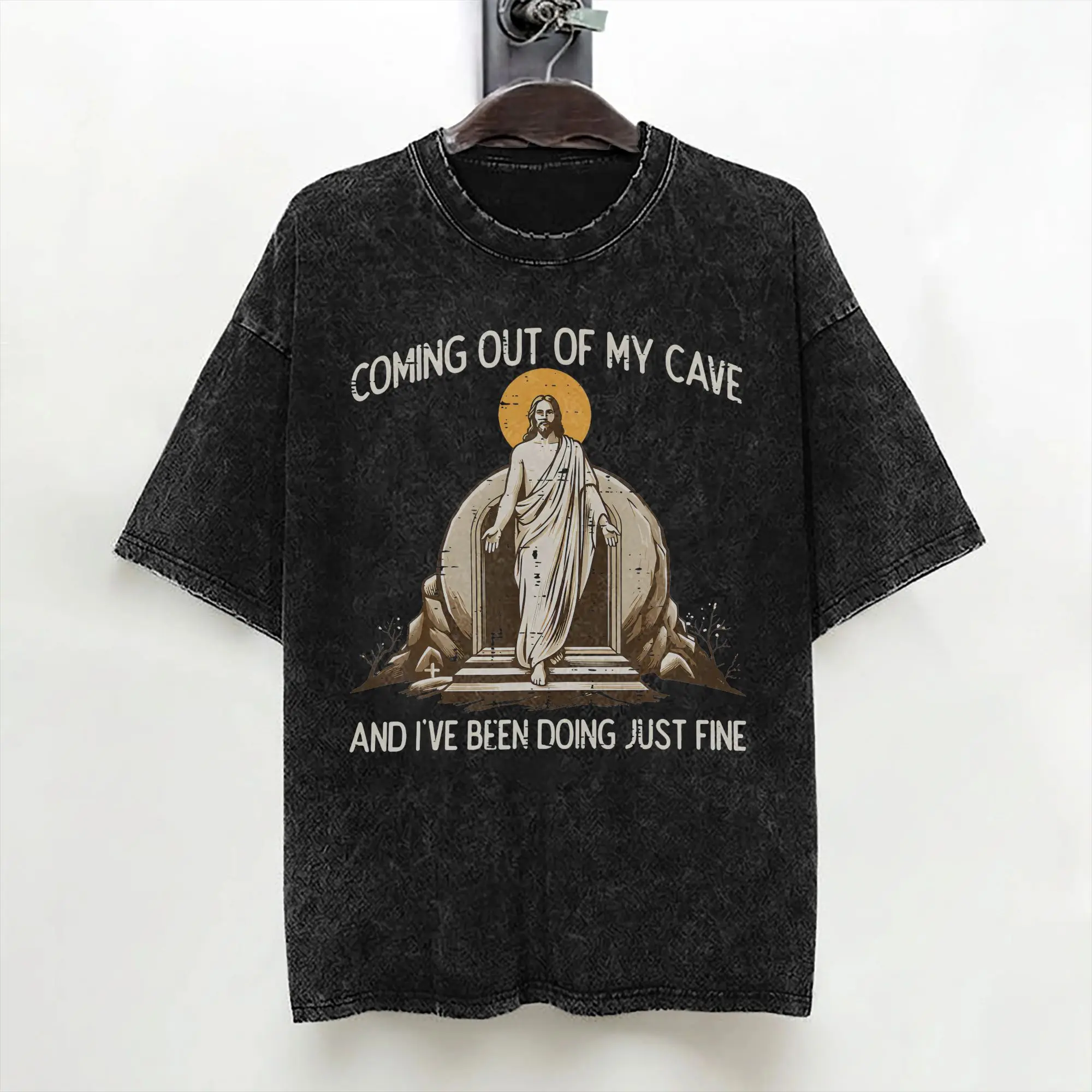 T-shirt délavé Hip Hop imprimé pour homme, thème Pâques : Jésus ressuscite de sa grotte, style streetwear urbain