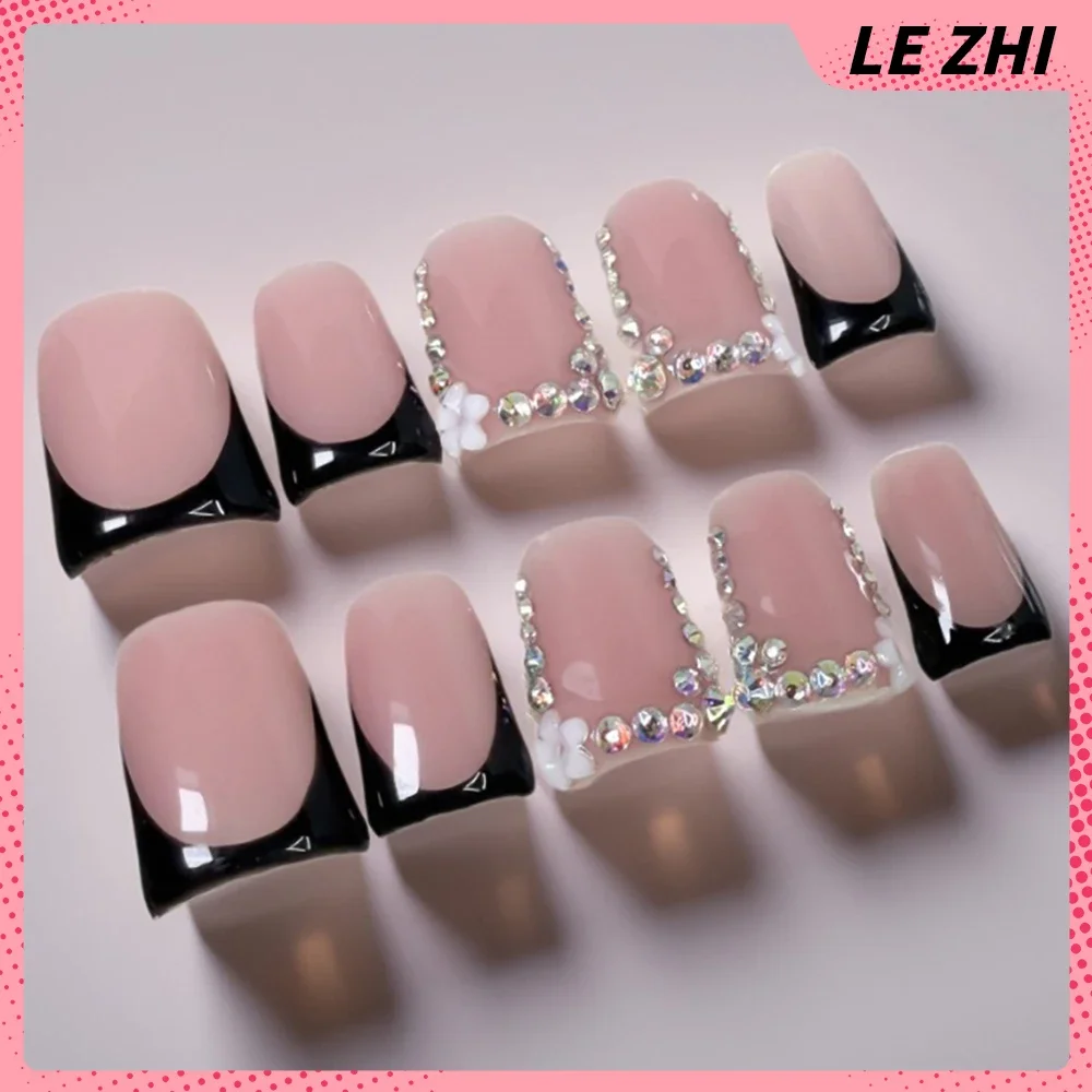 10Pcs Spice Girl Long Square Stiletto Handmade Press On Nail Golden Flower Star Magic Mirror Powder Pearl Diamond Fake Nails - view 5