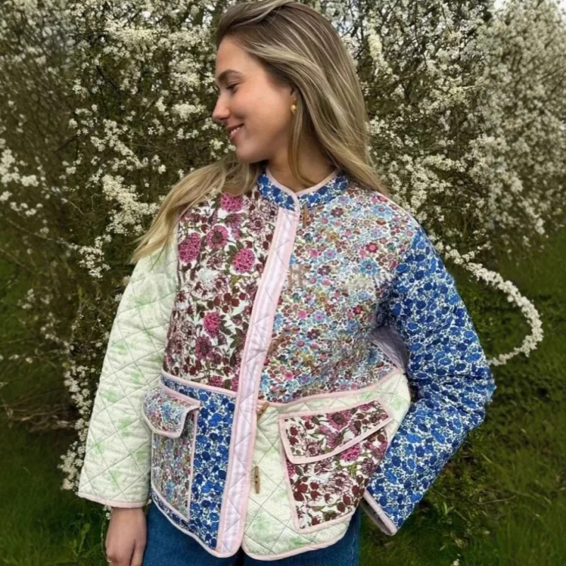 

AliExpress European and American Women's Autumn Winter New Multi-color Street Fashion Printed Patchwork Cotton Jacke