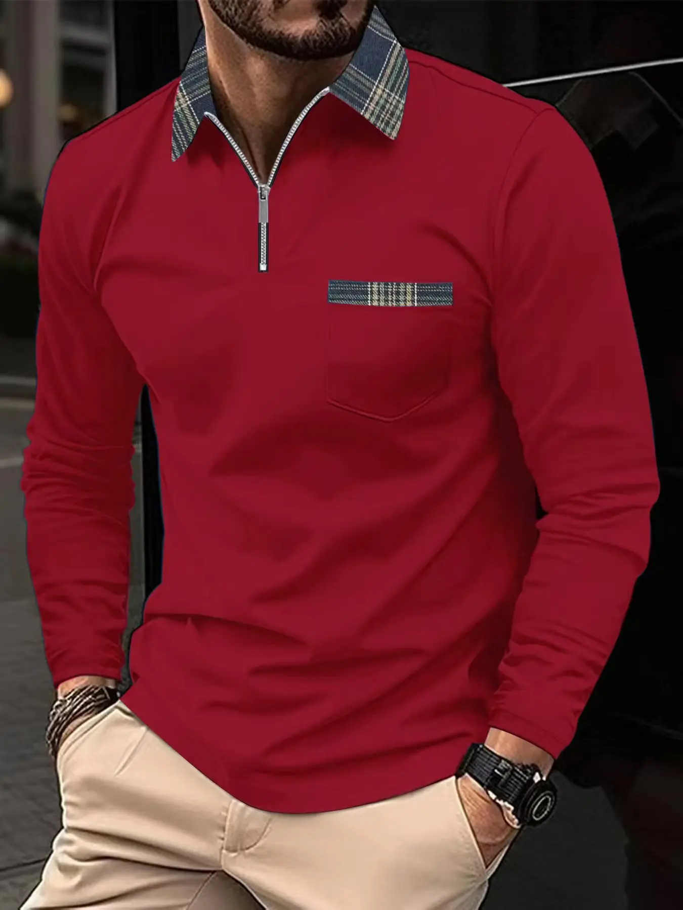 Men's Spring and Autumn Fashion Classic Solid Color Zipper Collar Sweater Sports and Leisure Breathable Pocket Polo Sweater