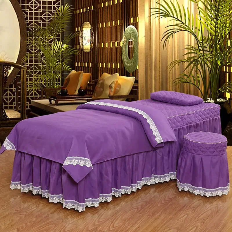 Lace Edged 4pcs Beauty Salon Bedding Sets Massage Bed Cover Spa Bedskirt, Pillowcase, StoolCover, Dulvet Cover Beauty Bed Covers