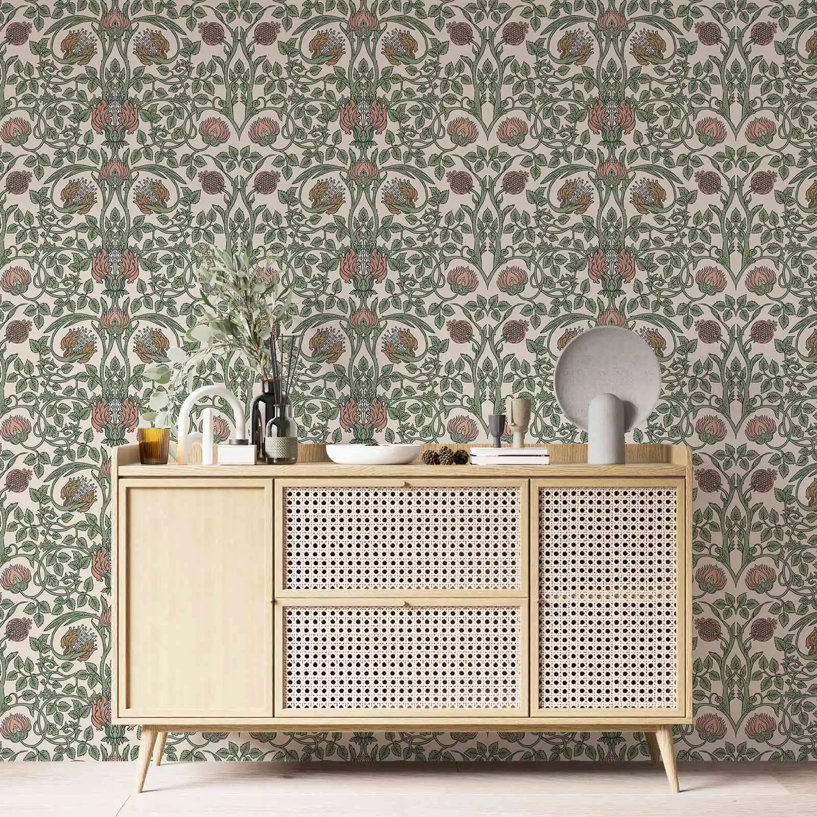 

Green Medicine And Herbal Wallpaper - Beige Design Wallpaper Mural ,Retro Style Mural - Wall Art Decor Peel And Stick Wall Paper