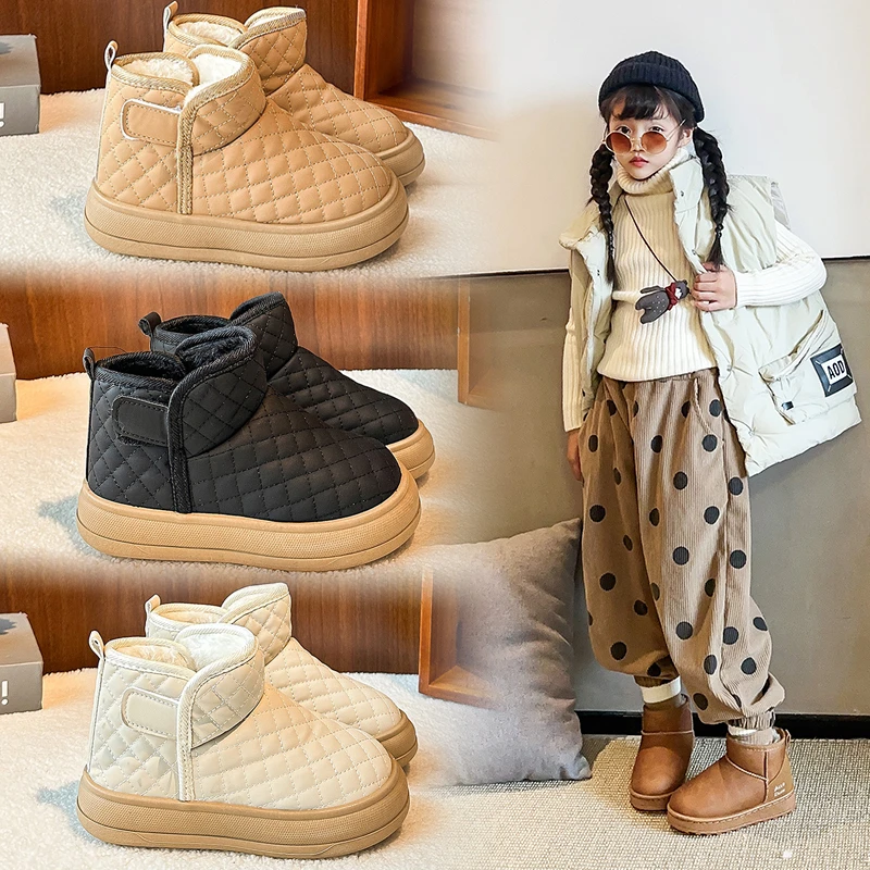 

Новинка 2024, детские короткие зимние ботинки, зимние утепленные теплые ботинки на флисовой подкладке, кожаная непромокаемая хлопковая обувь на меху Детская Обувь