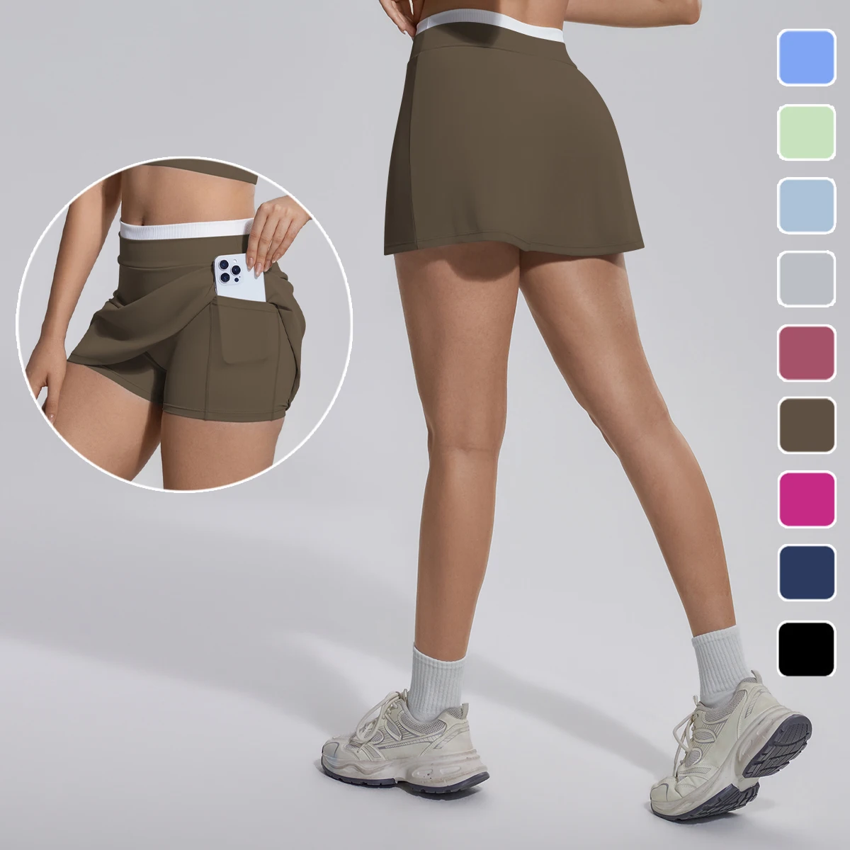 1PC Breathable Hip-lifting Color Blocking Pockets Yoga Short Skirt High Waist Hip Push Up Summer Sports Tennis Skirt Culottes