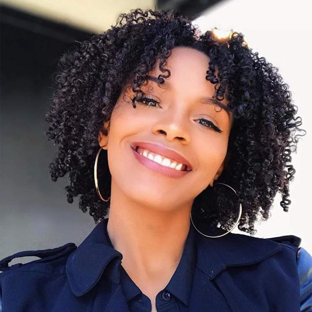 Кудрявый короткий вьющийся парик с стрижкой пикси с челкой, полностью машинное производство, бразильские парики из человеческих волос для женщин, готовые к работе