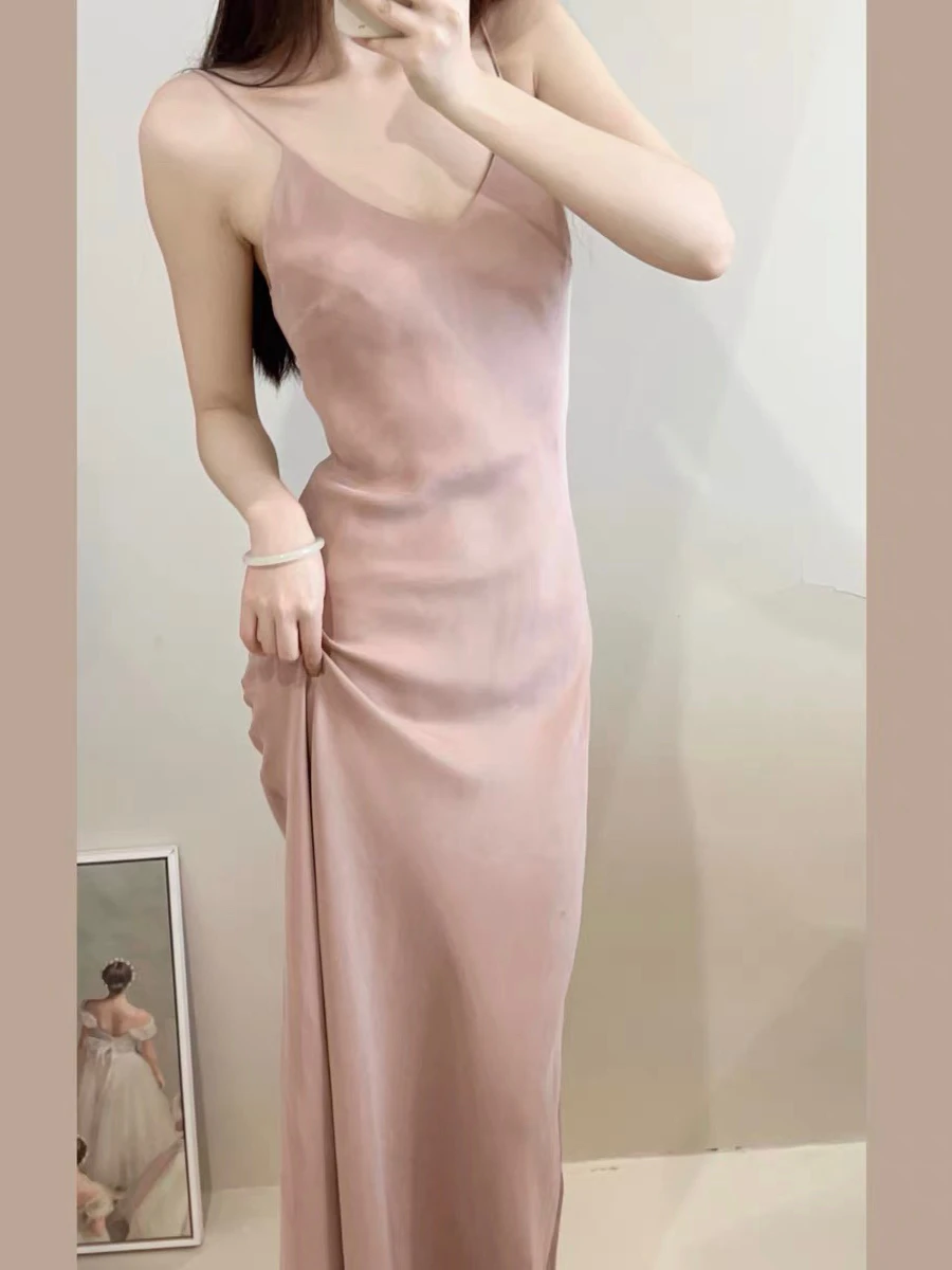 

Разноцветное вечернее платье с V-образным вырезом из медно-аммиачного шелка, с 3D-эффектом, асимметричным кроем, облегающее, с длинным шлейфом, розовое